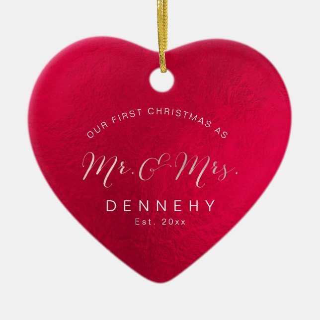 Ornamento De Cerâmica Coração Cerâmico Primeiro Natal, Vermelho Iridesce (Frente)