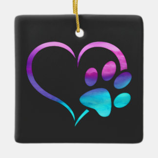 Ornamento De Cerâmica Coração com Pegada de Cachorro Ciano Roxo