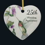 Ornamento De Cerâmica Coração da Flor de Aves Bonito do 25<br><div class="desc">Celebre um aniversário especial de casamento de 25 com um ornamento personalizado de coração. O bonito beija-flor e design de flores foi criado da minha pintura original de aquarela em tons pastéis de rosa,  creme,  cinza e verde. Prazer neste adorno festivo de férias e respeito romântico.</div>