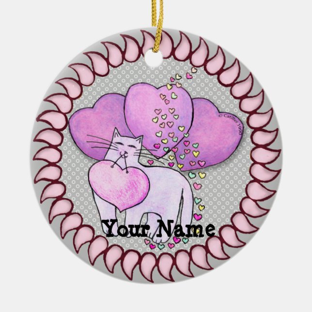 Ornamento De Cerâmica Coração de Amor de Gato (Frente)