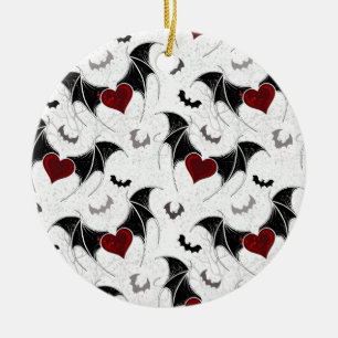 Ornamento De Cerâmica Coração de Halloween com asas de morcego preto