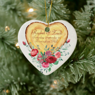 Ornamento De Cerâmica Coração de madeira e rosas Amor Country