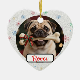Ornamento De Cerâmica Coração de Natal de Cachorro e Osso Personalizável