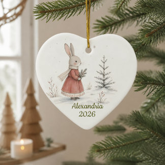 Ornamento De Cerâmica Coração de Natal Personalizado/Coelho Menina