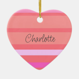 Ornamento De Cerâmica Coração de Stripes Rosa Personalizadas