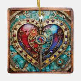Ornamento De Cerâmica Coração de Vidro Manchado Vermelho e Azul Série St