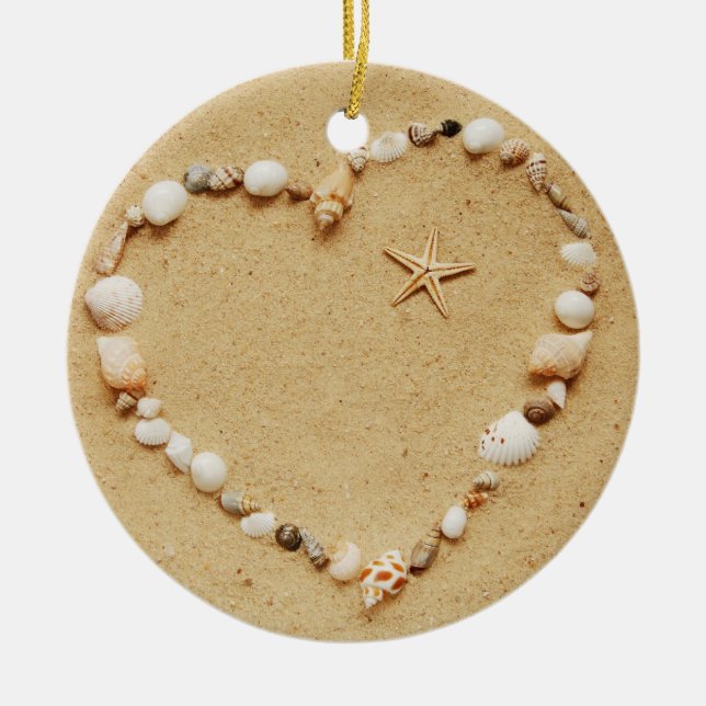 Ornamento De Cerâmica Coração do Seashell com estrela do mar (Frente)