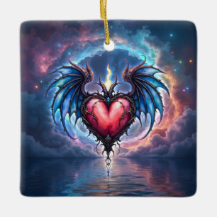 Ornamento De Cerâmica Coração Flamebound da Lua – Amor Cósmico Gótico 