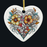 Ornamento De Cerâmica Coração Floral Personalizado com Mensagem Sentimen<br><div class="desc">Bonito arte do coração floral ai. Tatuagem estilo arte com uma mensagem sentimental personalizada no verso.</div>