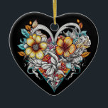 Ornamento De Cerâmica Coração Floral Personalizado com Mensagem Sentimen<br><div class="desc">Bonito arte do coração floral ai. Tatuagem estilo arte com uma mensagem sentimental personalizada no verso.</div>