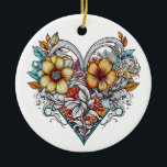 Ornamento De Cerâmica Coração Floral Personalizado com Mensagem Sentimen<br><div class="desc">Bonito arte do coração floral ai. Tatuagem estilo arte com uma mensagem sentimental personalizada no verso.</div>