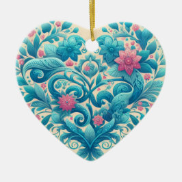 Ornamento De Cerâmica Coração Floral Rosa e Teal