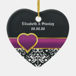 Ornamento De Cerâmica Coração púrpura do damasco branco preto Salve a da