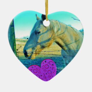 Ornamento De Cerâmica Coração Rosa e Cavalo Amarelo