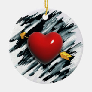 Ornamento De Cerâmica Coração Vermelho com Pintura em Fundo de Aquarela