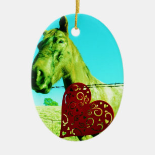 Ornamento De Cerâmica Coração Vermelho e Cavalo