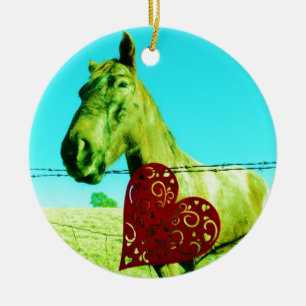 Ornamento De Cerâmica Coração Vermelho e Cavalo