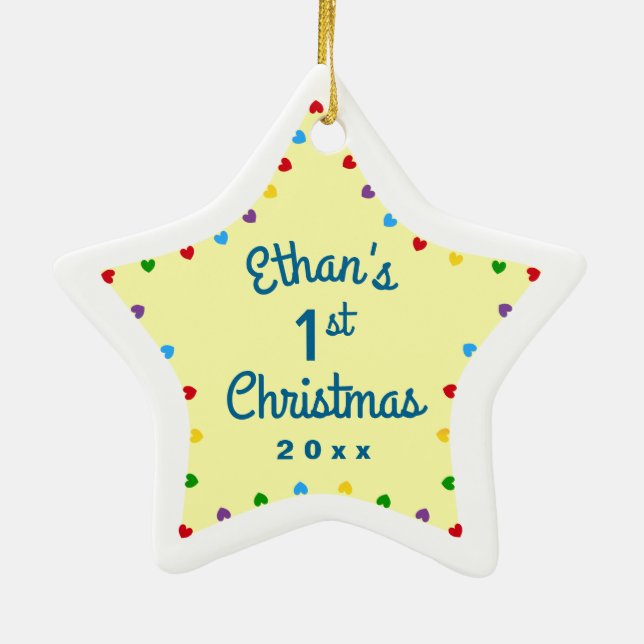 Ornamento De Cerâmica "Corações 1rua Primeiro Bebê" Estrela de Natal (Verso)