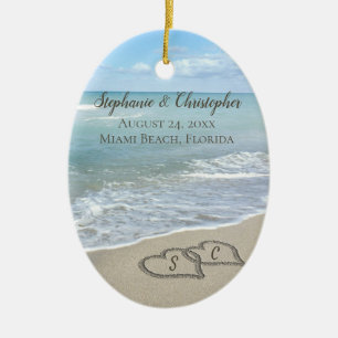Ornamento De Cerâmica Corações de Casamento de Praia no Elegante de Ar