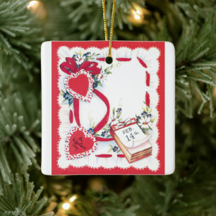Ornamento De Cerâmica Corações, Flores e Fitas do Dia dos Namorados Anti