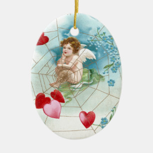 Ornamento De Cerâmica Corações Snaring do Cupido em namorados do vinta