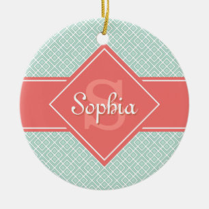 Ornamento De Cerâmica Coral Monograma e Padrão de Diamante da Casa da Mo