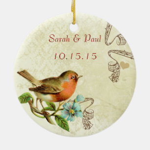 Ornamento De Cerâmica Coral Vintage Bird Save the Date Photo Brown Notes