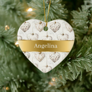 Ornamento De Cerâmica Coraque Natal Creme Chic Fita Dourada Corações