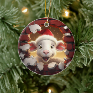 Ornamento De Cerâmica Cordero Festivo de Chapéu de Papai Noel - 3D