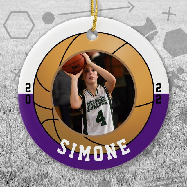 Ornamento De Cerâmica Cores da Equipe Branca de Basquete Roxo (Purple and White Baseball Let's Go Team Ornament. Celebrate your high school or college athlete.)