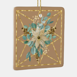 Ornamento De Cerâmica Cores d'água do Tan e Poinsettia Verde com Quadro 