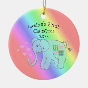 Ornamento De Cerâmica Cores de Arco-Íris de Elefante Primeiro Natal do B