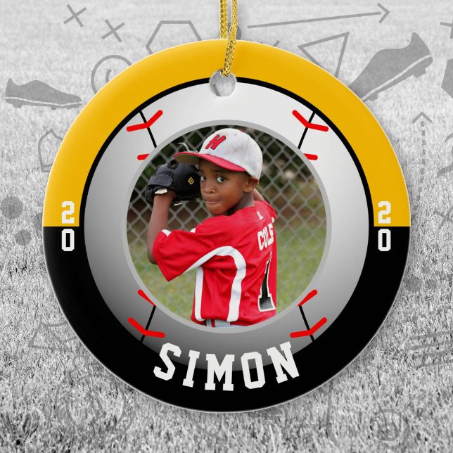 Ornamento De Cerâmica Cores de Equipe Dourada Preta de Baseball (Black and Gold Baseball Let's Go Team Ornament. Celebrate your high school or college athlete.)