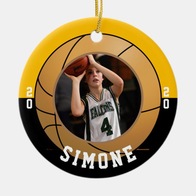 Ornamento De Cerâmica Cores Douradas de Equipe Negra de Basquete (Frente)