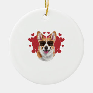 Ornamento De Cerâmica Corgi Amor Óculos de Sol Legais Rodeado por Coraçõ