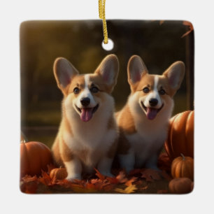 Ornamento De Cerâmica Corgi Cachorrinho Delícia de Outono Abóbora