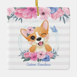 Ornamento De Cerâmica Corgi Cachorro Cachorro Flor Vermelhidão Borboleta