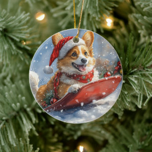 Ornamento De Cerâmica Corgi Cachorro em Trenó Deixe Nevar Natal