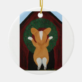 Ornamento De Cerâmica Corgi colocando Coroa de Natal na Casa do Cachorro