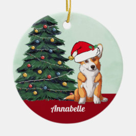 Ornamento De Cerâmica Corgi de Natal personalizado com Tail Santa Hat