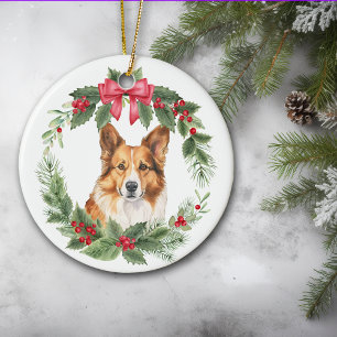 Ornamento De Cerâmica Corgi Dog Red Arco Holly Wreath