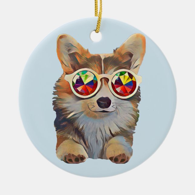 Ornamento De Cerâmica Corgi Groovy de sentimento (Frente)