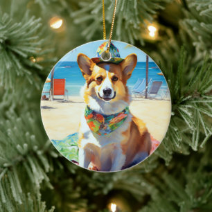 Ornamento De Cerâmica Corgi na Praia, presente de verão para amantes de