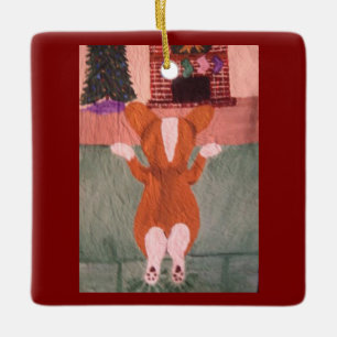 Ornamento De Cerâmica Corgi no sofá esperando por Papai Noel