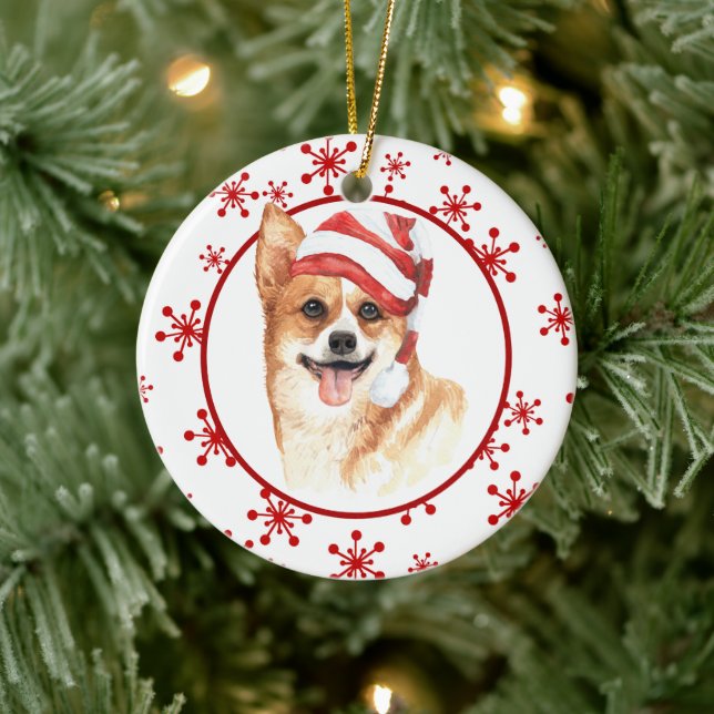 Ornamento De Cerâmica Corgi Santa Hat Red Snowflake Natal (Árvore)