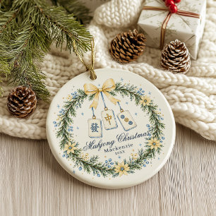 Ornamento De Cerâmica Coroa de Azulejo de Mahjong Amarelo e Azul Natal 