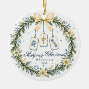 Ornamento De Cerâmica Coroa de Azulejo de Mahjong Amarelo e Azul Natal