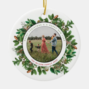 Ornamento De Cerâmica Coroa de bolota de Natal Foto da Família