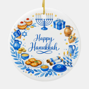 Ornamento De Cerâmica Coroa de Feliz Hanukkah com texto personalizado 