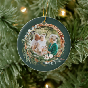 Ornamento De Cerâmica Coroa de folhagem moderna foto Natal verde